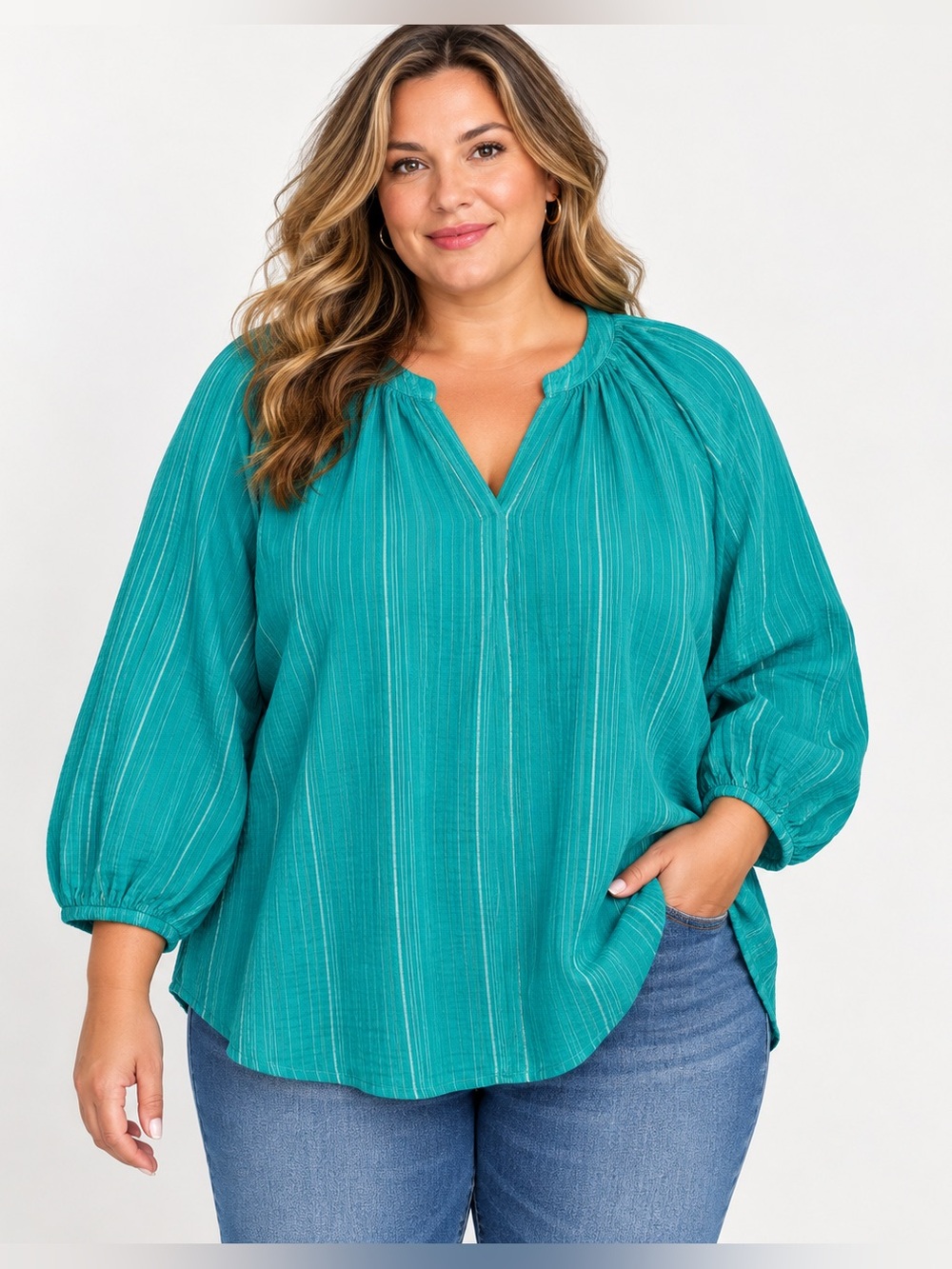 Falls Creek Women’s 2X Teal Crinkle Cotton Gauze Blouse Boho Coastal Grandma